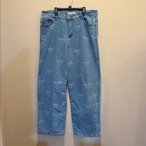 Blue Wide Leg Jeans with Bow Pattern
